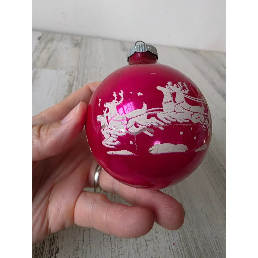 Vintage reindeer pink stencil sleigh Santa shiny Brite ornament glass Xmas tree
